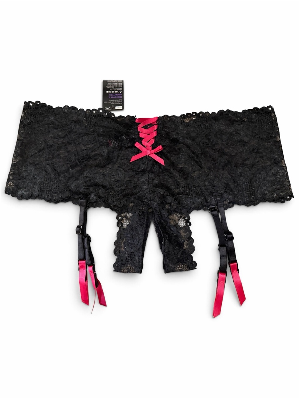 Black Lace Garter Shorts with Hot Pink Ribbon Accent